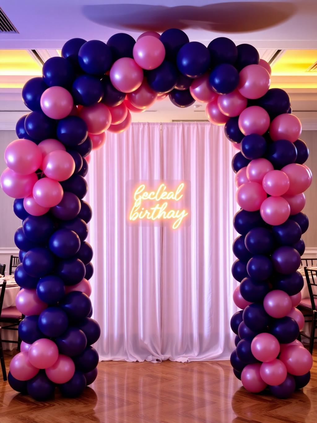 Deep violet and blush balloon arch installation with neon signage